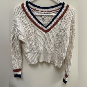 American Eagle Outfitter cream knit vneck stripe varsity sweater cotton blend XS